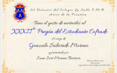 El Pregón del Estudiante Cofrade a cargo de Gonzalo Saborido Moreno será un pregón de mucho amor a María y al Cristo